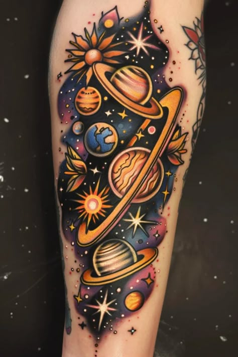 Discover out-of-this-world planet tattoo designs with our collection of unique and charming planet tattoos for women. Whether you're into simple, minimalistic designs or colorful, intricate artwork, we've got stunning planet tattoo ideas that will inspire your next ink masterpiece. From tiny minimalist planet tattoos to detailed galaxy-inspired designs, explore the beauty of the cosmos through these creative and celestial tattoo designs. Butterfly Planet Tattoo, Rainbow Planet Tattoo, Space Tattoo Cover Up, Neotraditional Space Tattoo, Planet Tattoos For Women, Galaxy Chest Tattoo, The Thing Tattoo, Astrology Tattoo Ideas, Planet Tattoo Ideas