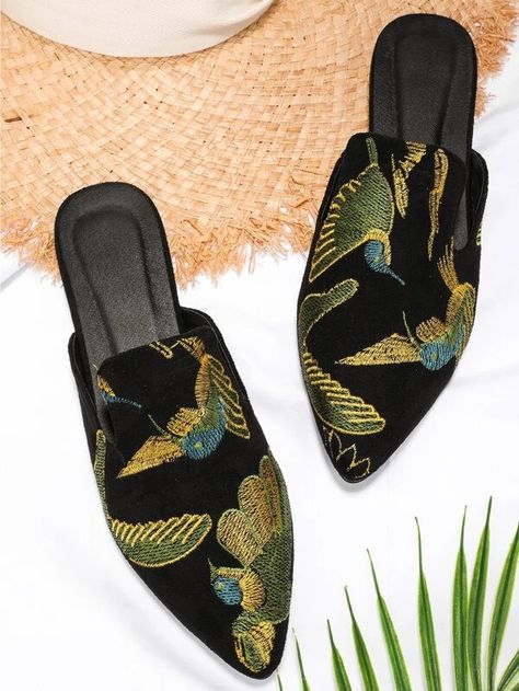 Mule Shoes Outfit, Mules Shoes Flat, Fairy Shoes, Embroidered Flats, Sequin Decor, Flat Shoe, Bird Embroidery, Women Flats, Flat Mules