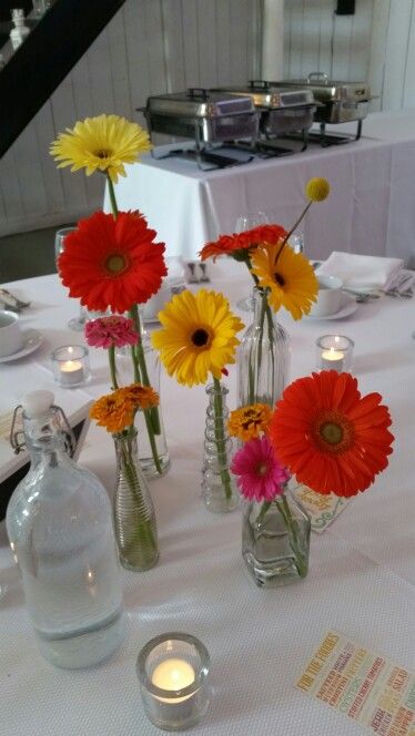 Gerbera Wedding Centerpieces, Gerbera Daisy Centerpiece, Gerbera Wedding, Daisy Centerpieces, Eucalyptus Centerpiece, Felt Flower Tutorial, Sweet Sixteen Birthday Party Ideas, Garden Bridal Showers