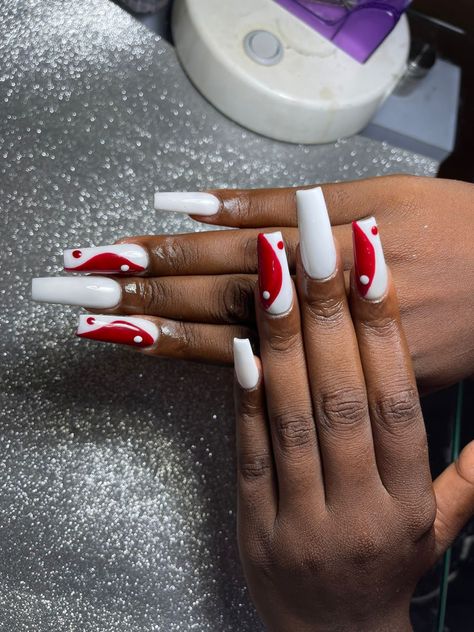 Red Ying Yang Nails, Yang Yang Nails, Ying And Yang Nails, Ying Yang Nails, Red Ninja, Ying And Yang, Red Acrylic Nails, Lovely Nails, Nail Idea