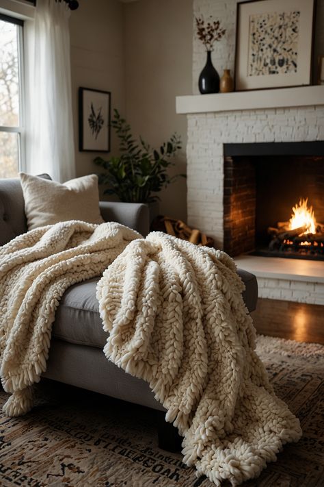 Create a warm and inviting corner with a cozy modern nook featuring textured throw blankets and a crackling fireplace. This perfect blend of comfort and style makes an ideal setting for relaxation and unwinding. #HomeDesign #CozyNook #ModernLiving #InteriorDecor #Fireplace #TexturedThrows #ComfortAndStyle Throw Blanket On Chair, Blanket On Chair, Textured Throw Blanket, Living Room Blanket, Textured Blankets, Kitchen Decor Apartment, Cozy Nook, Throw Blankets, Nook