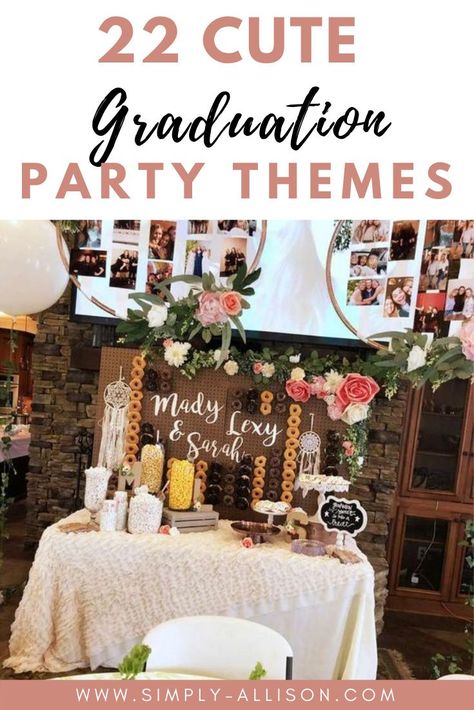 I am so obsessed with these graduation party themes. There are ideas for boys and girls if you’re graduating from high school or college. These are the best ideas for 2021 that you want to copy. #graduation#graduationpartyideas #gradparty Vintage Graduation Party Decorations, Rustic Chic Graduation Party, Graduation Party Themes For Girls Ideas, Graduation Themes High School, Senior Party Themes, High School Graduation Party Ideas Aesthetic, College Graduation Party Ideas For Women, High School Graduation Party Ideas 2024, Indoor Graduation Party Ideas