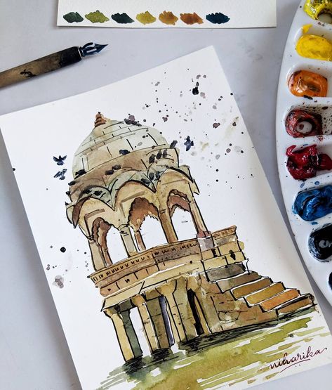 Day 18/100, Painting Gadisar Lake in Jaisalmer in watercolors and Ink! 😀 For my #the100daysoflandscapeart . #watercolors #inkandwatercolor Scrapbook Painting Art Journals, Jaisalmer Illustration, Udaipur Drawing, Quick Painting Ideas Simple, Watercolor Art Indian, Gadisar Lake, Nurse Drawing, Easy Hand Drawings, Escher Art