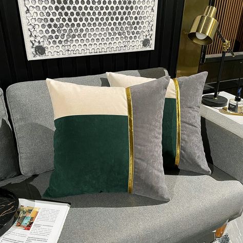 Cushions For Dark Green Sofa, Cushions On Sofa Living Rooms, Gray Couch Green Pillows, Gray And Green Living Room, Green Chair Living Room, Green And Grey Living Room, Green And Gold Living Room, Grey Leather Couch, Patchwork Velvet