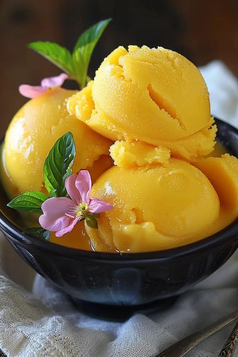 A refreshing and creamy sorbet made with fresh mangoes. Vegan Ice Cream Brands, Spiced Cashews, Tastiest Food, Peach Sangria, Mango Sorbet, Cashew Milk, Peach Slices, Easy Paleo, Peach Mango