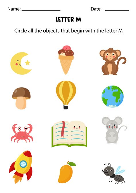 Download the Letter recognition for kids. Circle all objects that start with M. 4863009 royalty-free Vector from Vecteezy for your project and explore over a million other vectors, icons and clipart graphics! Phonics Stories, Letter Learning, Therapy Activity, Jolly Phonics, Brain Exercise, Picture Letters, Letter M, Learning Letters, Letter Recognition