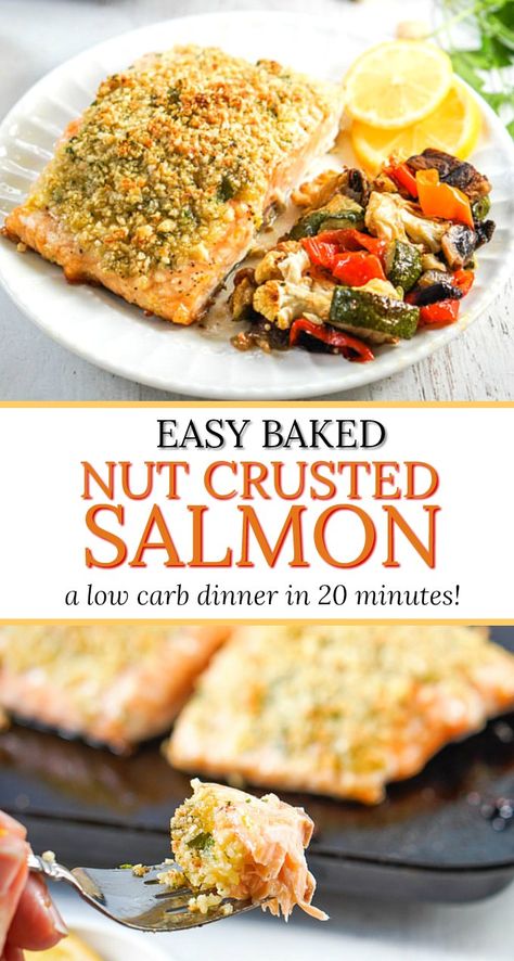 Easy Baked Nut Crusted Salmon - an easy low carb dinner in 20 minutes! #lowcarbdinner #easyrecipe #salmon #bakedsalmon #nutcrustedfish #hazelnuts #ketorecipe Nut Crusted Salmon, Easy Healthy Salmon Recipes, Easy Healthy Salmon, Low Carb Salmon Recipes, Crusted Salmon Recipes, Low Carb Salmon, Healthy Salmon Recipes, Healthy Salmon, Crusted Salmon