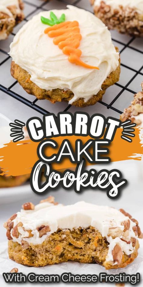 Carrot Cake Cookies with Cream Cheese Frosting Carrot Cake Cookies Recipe, Cookies With Cream Cheese Frosting, Cookies With Cream Cheese, Carrot Cookies, Easy Carrot Cake, Carrot Cake Cookies, Chewy Cookies, Best Carrot Cake, Recipes Cookies