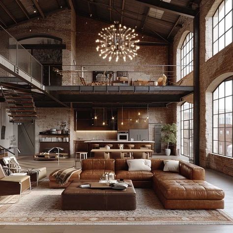 564146290838868597-pin-image Modern industrial loft with large windows, brown leather sectional sofa, open kitchen, lofted bedroom, and statement chandelier. | Sky Rye Design Luxe Interior Design, Loft Apartment Industrial, Industrial Luxe, Industrial Loft Design, Industrial Glam, Warehouse Living, Loft House Design, Industrial Style Interior, High Ceiling Living Room