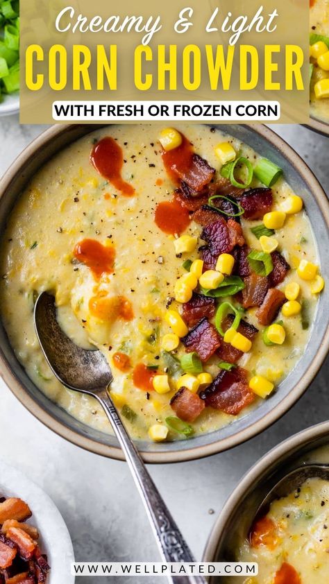 A lightened-up creamy corn chowder loaded with sweet corn, tender potatoes, and crisp, smoky bacon. It's a soup that eats like a meal! Best Corn Chowder Recipe, Corn Chowder With Bacon, Bisque Recipes, Creamy Corn Chowder, Bacon Corn Chowder, White Bean Soup Recipes, Chicken Corn Chowder, Corn Chicken, Cream Style Corn