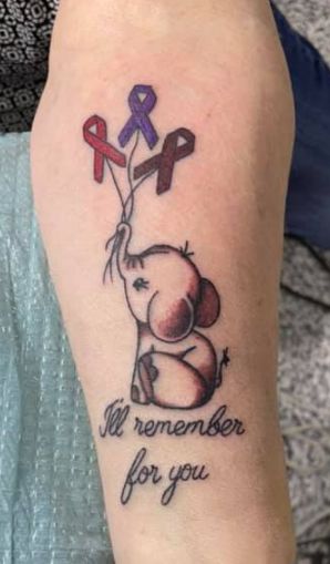 Purple Ribbon Awareness Tattoo, Tattoo Ideas Female For Brother, Elephant Alzheimer’s Tattoo, Multiple Awareness Ribbon Tattoo, Tattoos For Alzheimer’s, Pink Elephant Tattoo, Ribbon Tattoo Designs, Purple Ribbon Tattoos, Alzheimers Tattoo