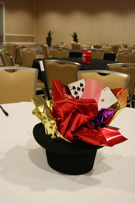 Magic Hat Centerpiece with Card Accent #FLeventdecor Magic Party Theme, Wedding Table Decorations Purple, Magician Party, Spring Luncheon, Magic Birthday Party, Kaitou Joker, Magic Birthday, Magic Theme, Family Literacy