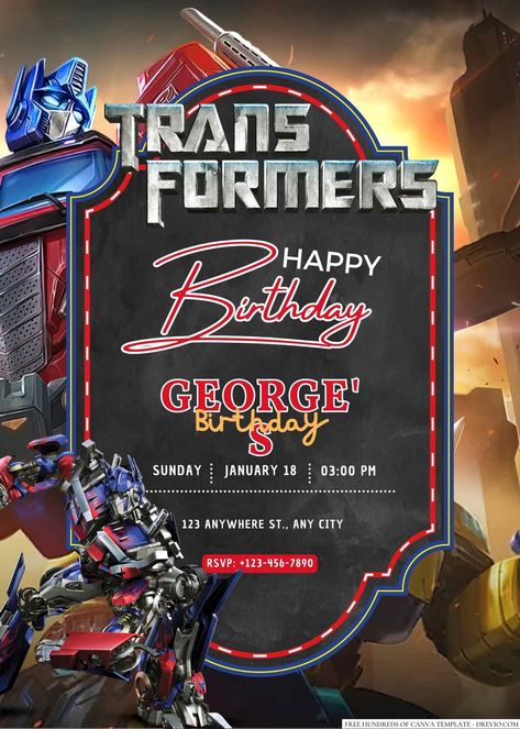 20+ Transformers Canva Birthday Invitation Templates | Download Hundreds FREE PRINTABLE Birthday Invitation Templates Transformers Invitation Template, Transformers Birthday Invitations, Angono Rizal, Optimus Prime And Bumblebee, Transformers Birthday Parties, Transformers Birthday, Transformer Party, Transformer Birthday, Free Printable Birthday Invitations