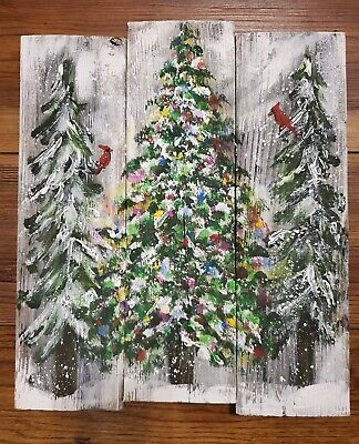 Snowy Pine Trees, Wood Plank Art, Painted Christmas Gifts, Plank Art, Christmas Lodge, Cabin Christmas, Christmas Tree Painting, Pallet Painting, Winter Magic