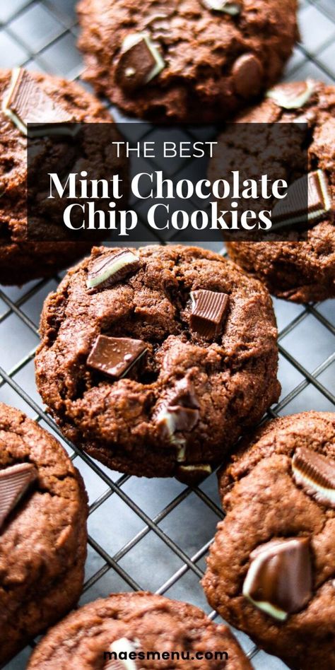 Double Chocolate Andes Mint Cookies - Mae's Menu Chocolate Cookies With Mint Frosting, Andes Chips Recipes, Chocolate Mint Chip Cookies Recipe, Andes Mint Recipes Christmas, Cookies Using Andes Mints, Chocolate Andes Cookies, Andes Mints Desserts, Chocolate Cookie With Andes Mint, Chocolate Cookies With Mint Chips