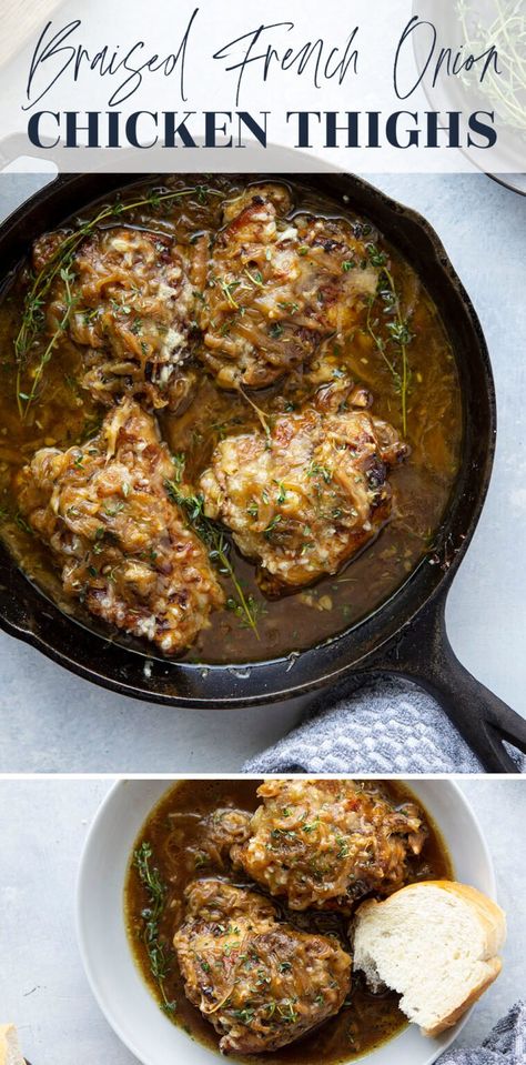 These French onion chicken thighs feature fall-apart tender braised chicken thighs in a rich French onion soup broth that's amazing over mashed potatoes or served with bread for dipping! French Onion Chicken Thighs, Pan Seared Chicken Thighs, Braised Chicken Recipes, Bread For Dipping, Braising Recipes, Over Mashed Potatoes, Braised Chicken Thighs, French Onion Chicken, Broiled Chicken