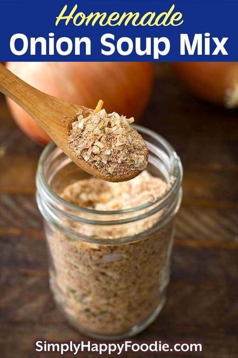 Homemade Onion Soup Mix is a convenient pantry staple to have on hand. Dry onion soup mix adds lots of flavor to recipes like pot roasts, soups, dips, rice, and many others. You can make your own onion soup mix from scratch, and control the amount of salt and unwanted ingredients. Dry onion soup mix recipe by simplyhappyfoodie.com #homemadeonionsoupmix #onionsoupmixrecipefromscratch How To Make Onion Soup Powder, Low Sodium Onion Soup Mix Recipe, Onion Mix Recipes, Dry Onion Soup Mix Recipe, Dried Onion Soup Mix Recipes, Beef Bouillon Powder, Soup Mix Recipes, Homemade Onion Soup, Homemade Soup Mix