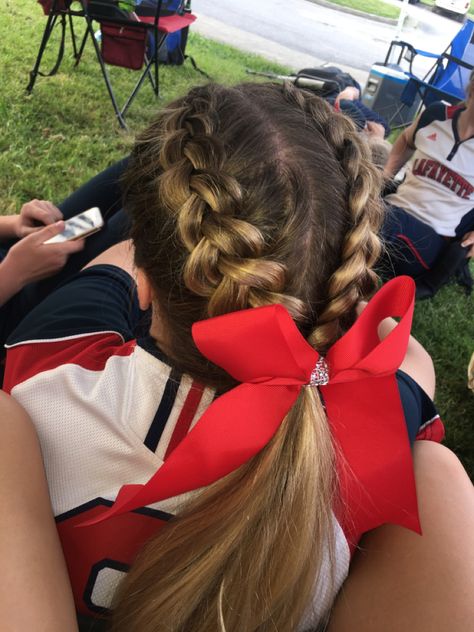 Two dutch braids meet into a pony tail Braided Cheer Hair, Cute Cheer Hairstyles With Bow, Cute Cheer Hairstyles, Cheer Ponytail, Soccer Hairstyles, Tail Hairstyle, Pony Hairstyles, Gymnastics Hair, Softball Hairstyles