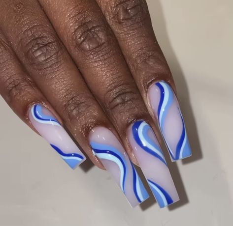 Blue Swirl Nails, Ambre Nails, Easy Nail Designs Summer, Girly Tingz, Abstract Nail, Art Deco Nails, Hello Nails, Long Acrylic Nail Designs, Blue Acrylic Nails