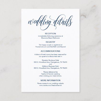 Modern Elegant Navy Blue Our Wedding Details Enclosure Card Rustic Wedding Details, Wedding Announcement Cards, Wedding Details Card, Wedding Enclosure Cards, Bath Accessories Set, Party Details, Card Invitation, Wedding Calligraphy, Wedding Announcements