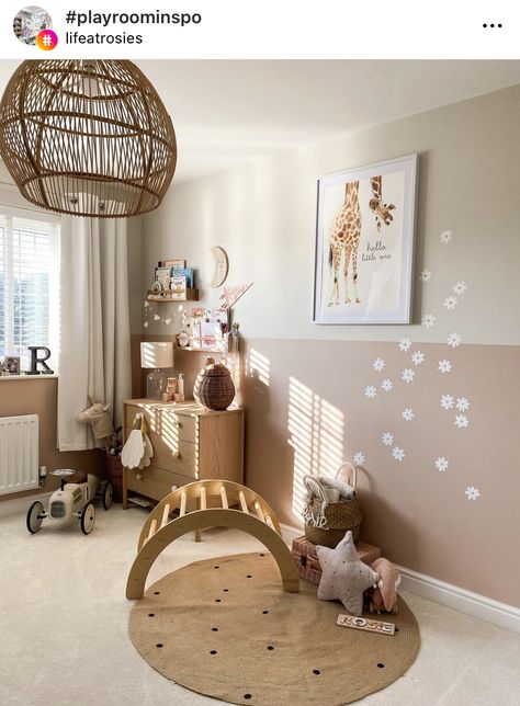 Playroom Half Wall Paint, Wall Paint Two Colors, Neutral Mural Wall, Half Painted Wall With Trim, Beige Half Wall, Half Accent Wall Nursery, Half Wall Paint Kids Room, Toddler Room Wall Paint, Half Wall Nursery