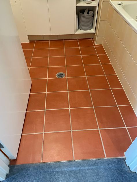 Hi,  I have red terracotta tiles in my kitchen, bathroom and laundry but I'm sick of the colour.  I also need to replace my carpet.  Rather than drilling and ripping the tiles up, is it easier /possible to paint them in a neutral colour?  Attached are current pics and the carpet I'll be choosing.  I... Red Tile Bathroom, Painted Terracotta Tiles, Paint Terracotta, Terracotta Tile Floor, Terracotta Floor Tiles, Terracotta Floor, I'm Sick, Red Tiles, Small Tiles