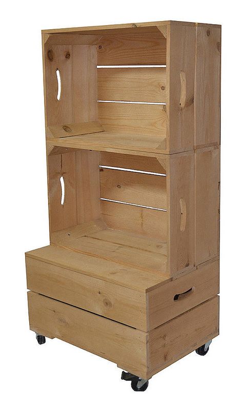 Apple crate storage on wheels. Would be a great DIY!   http://www.notonthehighstreet.com/plantabox/product/apple-crate-shelving-storage-two-high Crate Closet, Crate Shelving, Vendor Tips, Apple Crate Shelves, Wine Crate Furniture, Hat Displays, Crate Shelves Diy, Crate Bench, Apple Crate