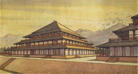 A Zhou dynasty palace. The Zhou era was the final period of feudalism in China, after which the land would become largely unified as an empire under Qin Shi Huangdi. I don't know much else about this building in particular, but recreations of ancient Chinese buildings are hard to come by. Approx 700-400 BC. Artist unknown. Chinese Traditional Art, Chinese Buildings, Ancient Korea, Qin Dynasty, Zhou Dynasty, World Architecture, Architecture Images, Asian History, Chinese History