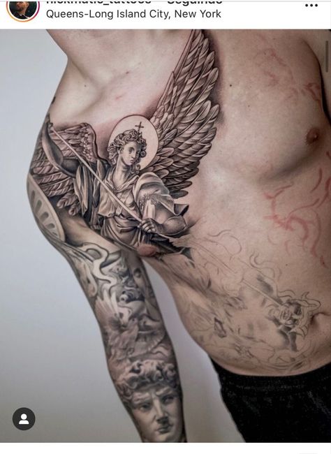 Chest Plate Tattoo Men, Angel Chest Tattoo Men, Angel Chest Tattoo, Half Chest Tattoo Men Ideas, Mother Mary Tattoos, Guardian Angel Tattoo Designs, Portrait Tattoo Sleeve, Chest Tattoo Stencils, Memorial Tattoo Ideas