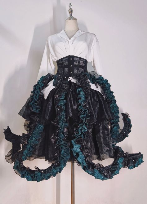 【-The Deep Sea Fairy-】 Tentacle-like Petticoats More Colors: Blue, Green, Purple and Red X White  ◆ Shopping Link >>> https://lolitawardrobe.com/the-deep-sea-fairy-tentacle-like-petticoat-and-matching-op-dress_p8300.html ◆ These Colors Are Very Limited Quantity and They Are Ready In Stock (not for preorder)!!! Octopus Dress, Sea Fairy, Pirate Dress, Sea Dress, Red X, Op Dress, Sea Monster, Evening Dresses For Weddings, Fashion Design Drawings