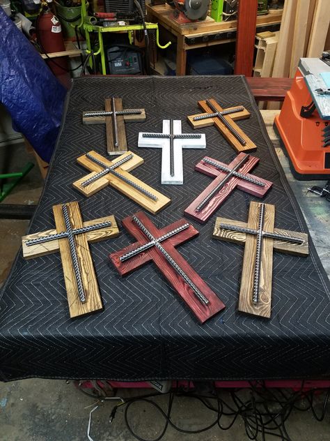 Cross Welding Art, Rebar Crafts, Rebar Welding Projects, Weld Projects, Cross Wood, Wood And Steel, Vintage Farmhouse Decor, Cross Art, Wood Cross