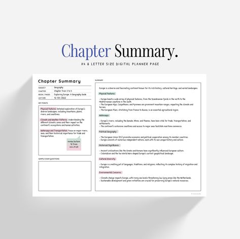 "✦ Chapter Summary ✦ Prepare your exams with our Chapter Summary, organizing your notes from books and lectures. You can easily group all the fundamental information for each topi studied, all in a single page. It will be very convenient to review your subjects before the exam day ! 𝐅𝐈𝐋𝐄𝐒 𝐈𝐍𝐂𝐋𝐔𝐃𝐄𝐃 ▪ Chapter Summary (landscape orientation) + cover, in both A4 size and Letter size. 𝐍𝐎𝐓𝐄 Once the purchase is completed, you will receive an email from Etsy for instant download of you Chapter Summary Template Free, Chapter Summary Notes, Chapter Summary Template, Nursing Inspiration, College Essay Topics, Best College Essays, Summary Notes, Summary Template, Note Taking Tips