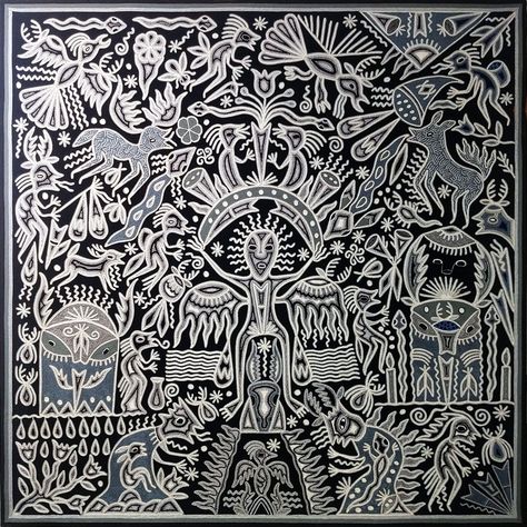 Luciana Benitez Renteria: Premier Huichol Yarn Painting Black and White Kauyumarie (Deer God) Deer God, Huichol Yarn Painting, Art Native American, Yarn Painting, Huichol Art, Indian Painting, American Indian Art, Wood Carvings, Outsider Art