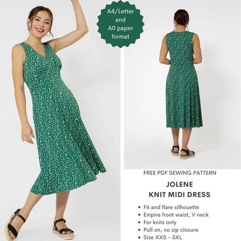 Jolene knit midi dress – Free PDF sewing pattern – Tiana's Closet Paper To Print, Midi Dress Pattern, Empire Waist Dress Pattern, Free Pdf Sewing Patterns, Knit Dress Pattern, Save The Earth, Make Your Own Clothes, Midi Flare Skirt, Hp Laptop