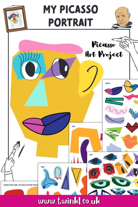 Picasso Art Project for Kids showing My Picasso Portrait Pablo Picasso Collage, Picasso Art Project, Collage Self Portrait, Simple Art Activities, Picasso Kids, Picasso Inspired Art, Picasso Self Portrait, Picasso Collage, Collage Activity