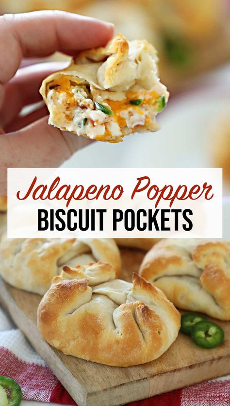 A stuffed biscuit filled with Bacon, jalapeños, Cream Cheese and cheddar cheese. These jalapeño Popper Biscuit Pockets are an easy appetizer for the game or a party. Recipes With Fresh Jalapenos, Biscuit Pockets, Roll Appetizers, International Meals, Jalapeno Bites, Stuffed Biscuits, Cottage Food, Air Fryer Recipes Snacks, Church Fellowship