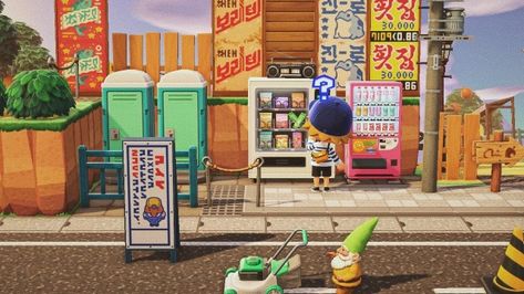 Tokyo Animal Crossing, Tokyo Themed Animal Crossing Island, Animal Crossing Stall Design Japan, Japanese Citycore Acnh, Japanese Street Animal Crossing, Japan Animal Crossing Town, Japanese Neighborhood, Acnh Japanese, Urban Island