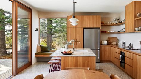 Courtney Adamo’s ‘Modern Mid-Century’ Beachfront Holiday Home Courtney Adamo, Timber Shelves, Sofa Seat Cushions, Veneer Panels, Exterior Wall Light, Interior Renovation, Green Tile, Custom Sofa, The Design Files