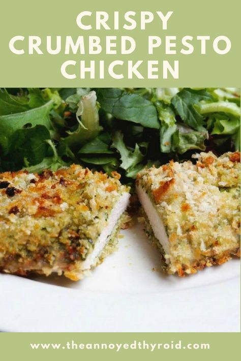 Crispy Crumbed Pesto Chicken | The Annoyed Thyroid Pesto Breaded Chicken, Airfryer Pesto Chicken, Breaded Pesto Chicken, Pesto Chicken Air Fryer Recipes, Pesto Chicken In Air Fryer, Crispy Pesto Chicken, Pesto Panko Chicken, Pesto Chicken Recipe, Lemon Pesto Chicken