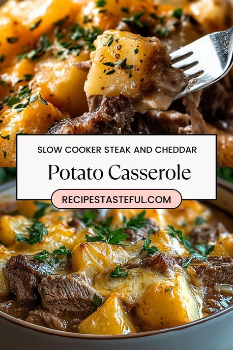 This comforting Slow Cooker Steak and Cheddar Potato Casserole combines tender cubed steak, creamy potatoes, and melted cheddar cheese for a hearty meal that's perfect for family dinners or gatherings. Set it and forget it for a delicious dish that warms the soul! Slow Cooker Steak Recipes, Cube Steak Crock Pot Recipes, Crockpot Steak Recipes, Steak Casserole, Steak Dinner Recipes, Crockpot Cube Steak, Slow Cooker Steak, Creamy Potatoes, Crockpot Steak