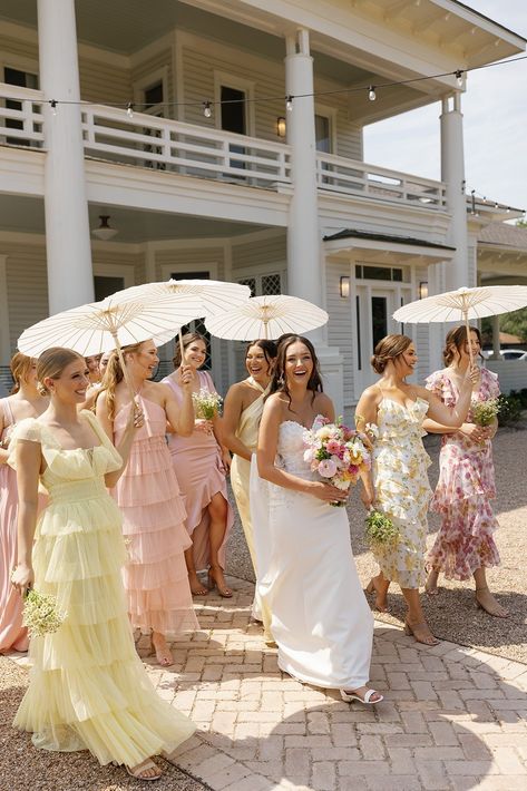 Pastel Garden Wedding at The Grand Lady - biancanichole.com Loveshackfancy Wedding, Wedding Ideas 2024, Pastel Bridesmaids, Parasol Wedding, Bridesmaid Attire, Umbrella Wedding, Bridesmaids Photos, Wedding Fans, Garden Party Wedding