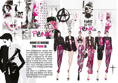 Fashion design portfolio | Behance Final Design Board Fashion, Digital Fashion Portfolio Layout, Fashion Design Portfolio Layout Ideas, Color Board Fashion Portfolio, Customer Profile Fashion Board, Fashion Portfolio Digital, Punk Fashion Illustration, Fashion Brand Moodboard, Fashion Portfolio Layout Presentation