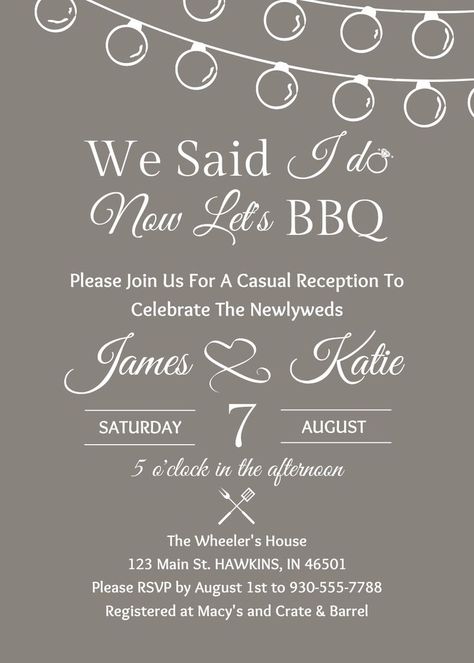 This 'I Do BBQ' Invitation template is perfect for BBQ lovers and newlyweds that want to keep their wedding reception casual. This invitation also works great for engagement dinners. Elopement After Party, Backyard Bbq Wedding Reception, Bbq Invitation Template, After Party Invitation, Casual Wedding Reception, Bbq Invite, Wedding Reception At Home, Bbq Wedding Reception, Backyard Bbq Wedding