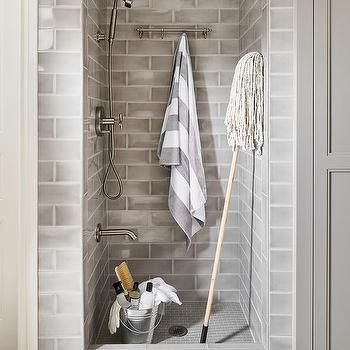 Laundry Room Dog Shower Clad in Gray Subway Tiles - Transitional - Laundry Room Contemporary Mudroom, Cottage Laundry Room, Transitional Laundry Room, Traditional Laundry Room, Shower Curb, Grey Laundry Rooms, White Laundry Rooms, Grey Subway Tiles, Gray Dog