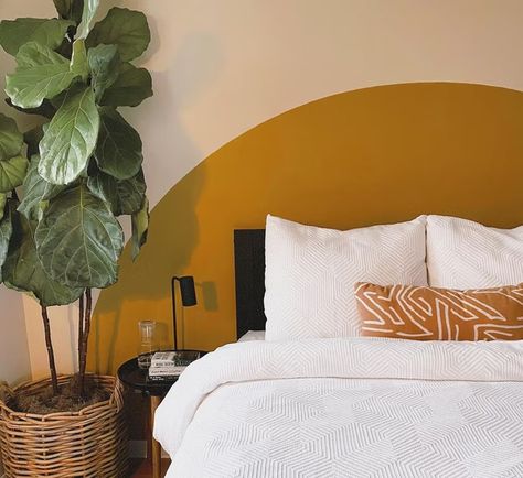 TANLINES, MOOD LIGHTING, deep yellow, neutral yellow-beige paint colors by Backdrop. – Bold, Our Picks, Yellow, Light, Our Picks, Yellow, Bedroom, Accents, Shapes | Backdrop Half Painted Walls, Painted Headboard, Organic Compounds, Interior Wall Paint, Bedroom Murals, Deep Yellow, Yellow Paint, Yellow Bedroom, Yellow Walls