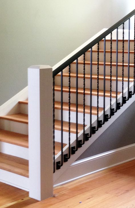 Custom, metal handrail system with side mount balusters. Metal Balusters, Steel Railing Design, Interior Stair Railing, Stair Balusters, Stair Design, Wood Railing, New Staircase, Stair Railing Design, Iron Balusters