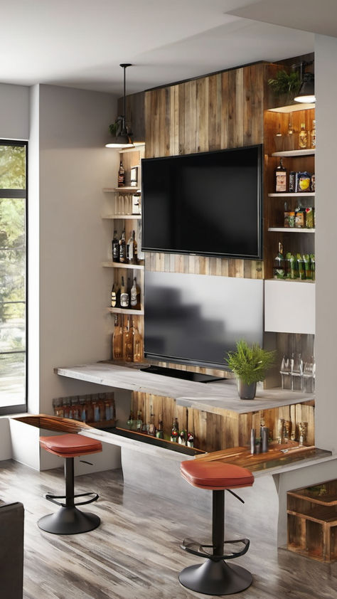 Cheers to Exciting Games: Sports Bar TV Mount Ideas for Excellent Viewing! Tv Wall With Bar Unit, Bar Tv Wall, Tv Bar Wall Ideas, Bar With Tv, Tv Mount Ideas, Bar Wall Ideas, Tv Bar, Bar Tv, Wall Mounted Tv Unit