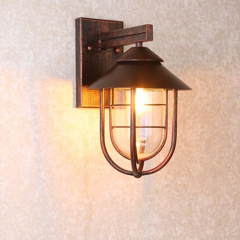 Industrial 1-Light Metal Cage Clear Glass Shaded Nautical Indoor Outdoor Wall Light in Antique Copper - Lighting Nautical Outdoor Lighting, Industrial Outdoor Lighting, Nautical Light Fixtures, Copper Light Fixture, Nautical Lighting, Nautical Bathrooms, Lights Wall, Bathroom Sconces, Indoor Wall Lights