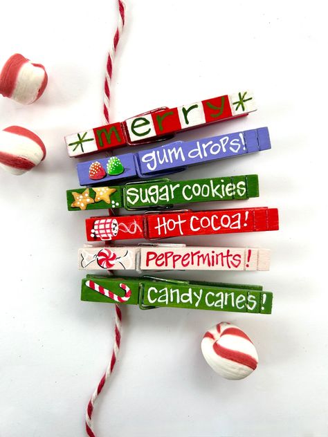 Candy Cane Christmas Ornaments Diy, Cocoa Sugar Cookies, Kids Table Decor, Clothespins Crafts, Jenga Crafts, Painted Clothespins, Christmas Clothespin, Clothes Pin Ornaments, Clothespin Crafts Christmas