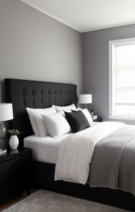 Black White And Grey Bedroom, Black And Grey Bedroom, Black And White Bedroom, Black White Bedrooms, Monochrome Bedroom, Black Bedroom Decor, Grey Bedroom Decor, Apartment Living Room Design, Future Apartment Decor